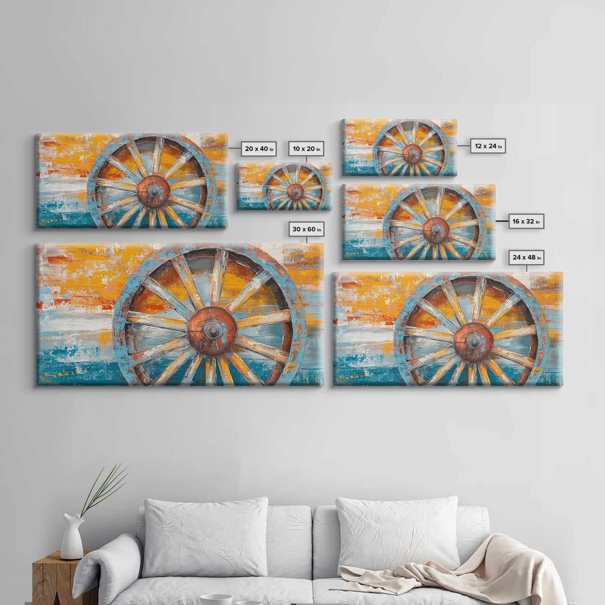 Rustic Wagon Wheel, Canvas Print, western wall art, rustic decor, farmhouse art, extra wide painting, horizontal wall art