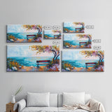 Bench, ocean view, autumn tree, Canvas Print, coastal landscape art, seascape painting, above bed wall art, extra wide art
