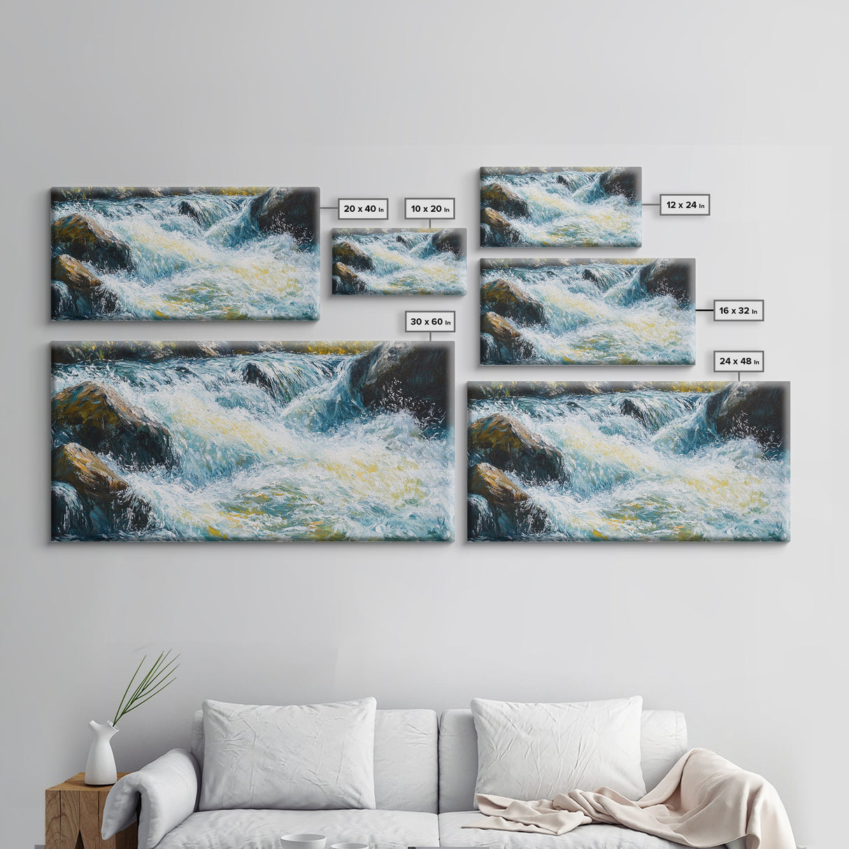 Waterfall, rushing stream, Canvas Print, landscape painting, above couch art, extra wide art, nature art, mountain painting