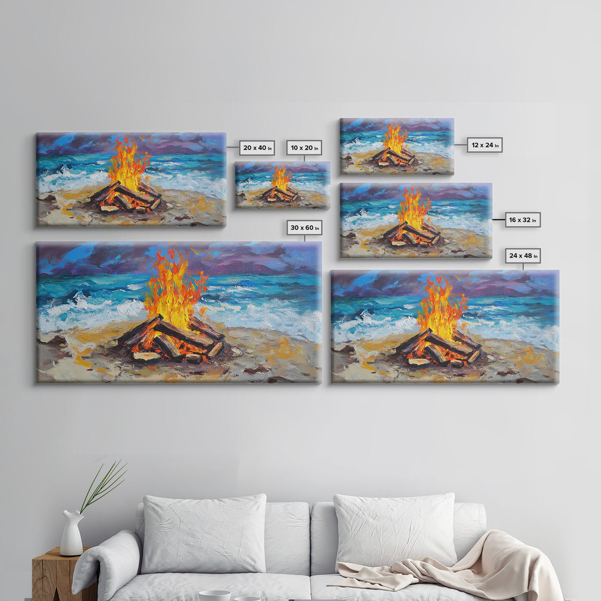 Beach bonfire, coastal decor, surf wall art, nautical painting, ocean fire, rustic wall art, horizontal wall art, canvas print, seascape
