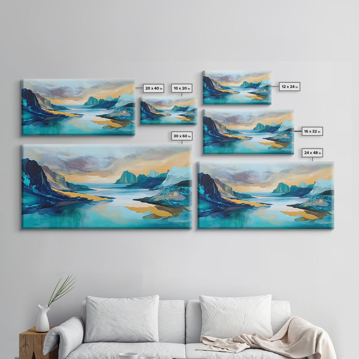 Serene Fjord, mountain painting, lake Tahoe art, blue and green wall art, panoramic painting, extra wide art, Framed Canvas Print, above sofa art