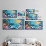 Coastal Cliff, vibrant ocean painting, surf wall art, Hawaii art, seascape painting, colorful beach art, Framed Canvas Print, extra wide art