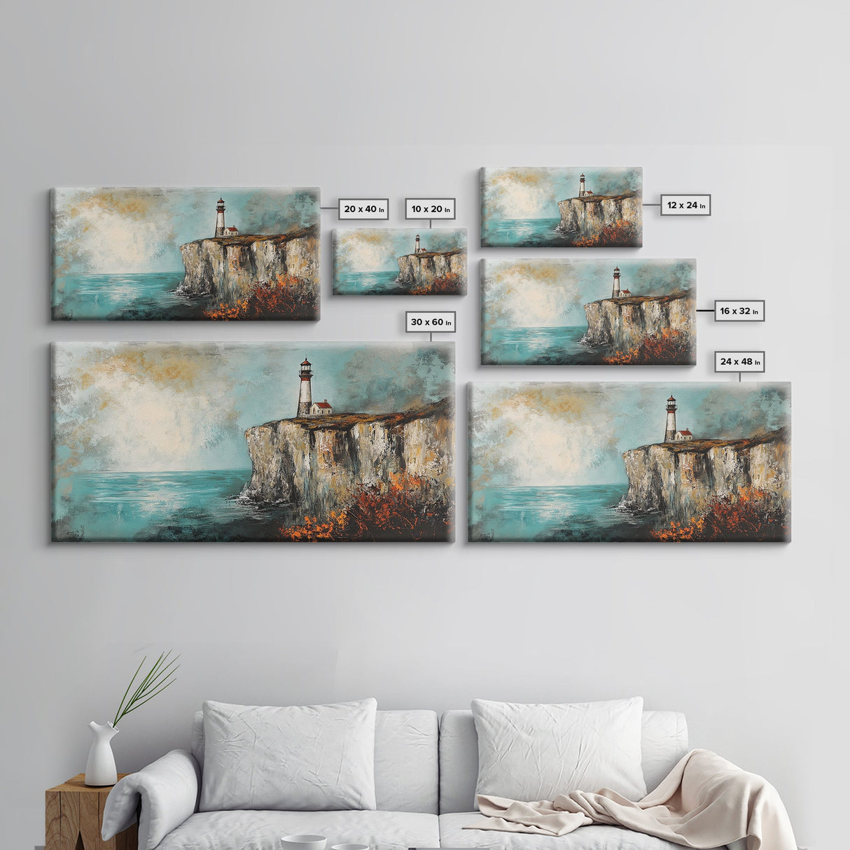Lighthouse at Cliff, nautical wall art, coastal decor, dramatic seascape painting, panoramic painting, Framed Canvas Print, above sofa art