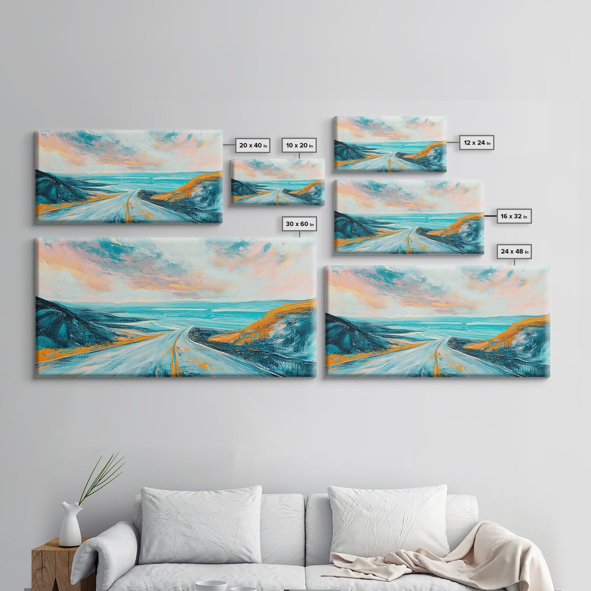 Open Road, Ocean View Highway, Coastal Landscape, Nautical Painting, Lake Tahoe Art, Panoramic Art, Canvas Print, Horizontal Art