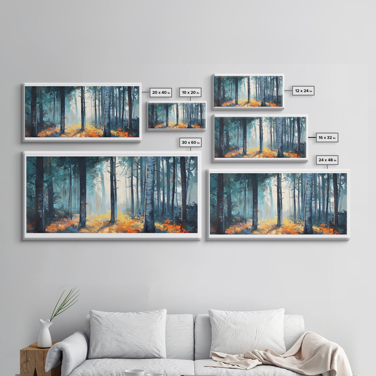 Enchanted Birch Forest, Pine Tree Art, Autumn Landscape, Birch Tree Painting, Rustic Wall Art, Framed Canvas Print, Extra Wide Art