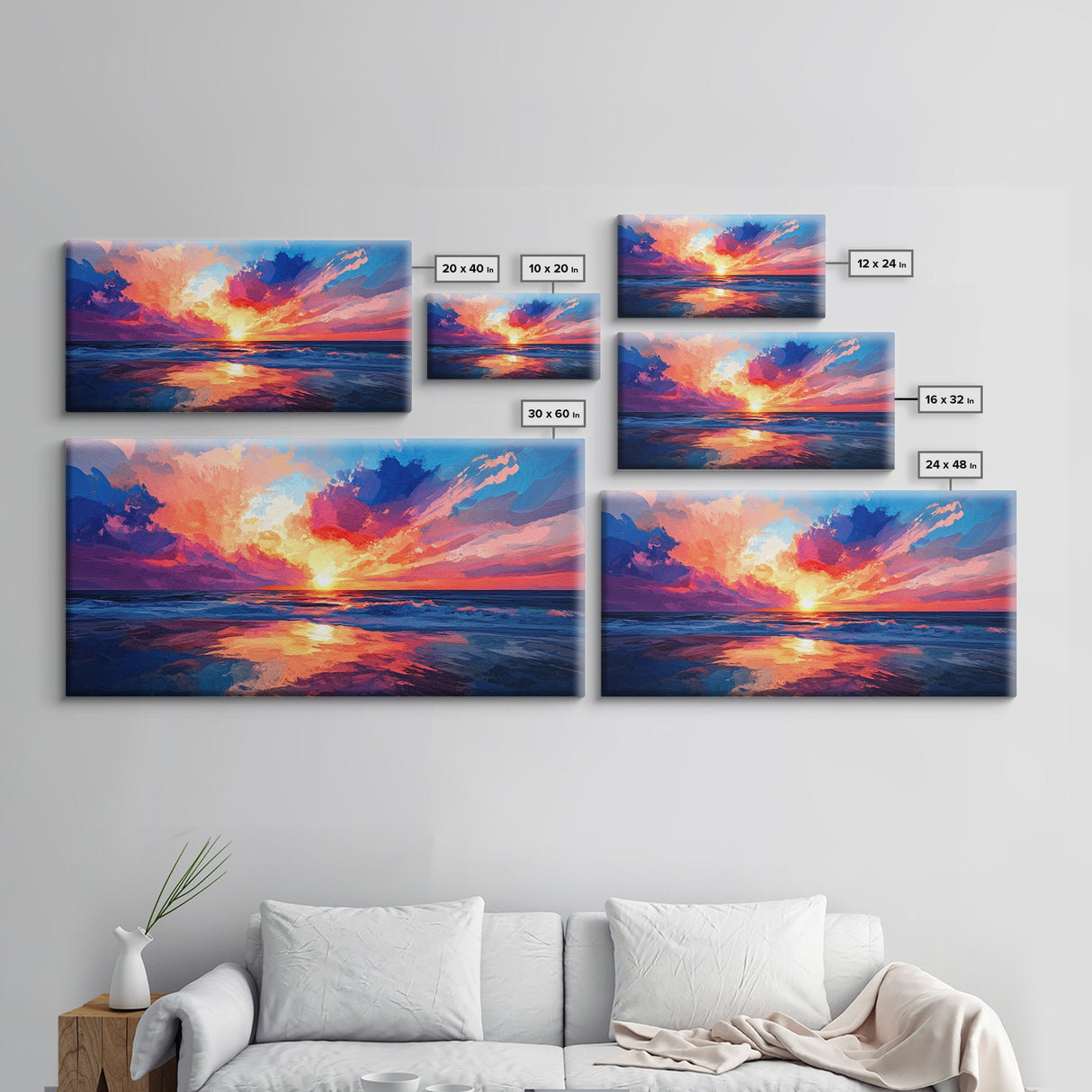 Sunset Beach, pink orange wall art, seascape painting, coastal wall art, panoramic art, ocean waves, extra wide art, Canvas Print
