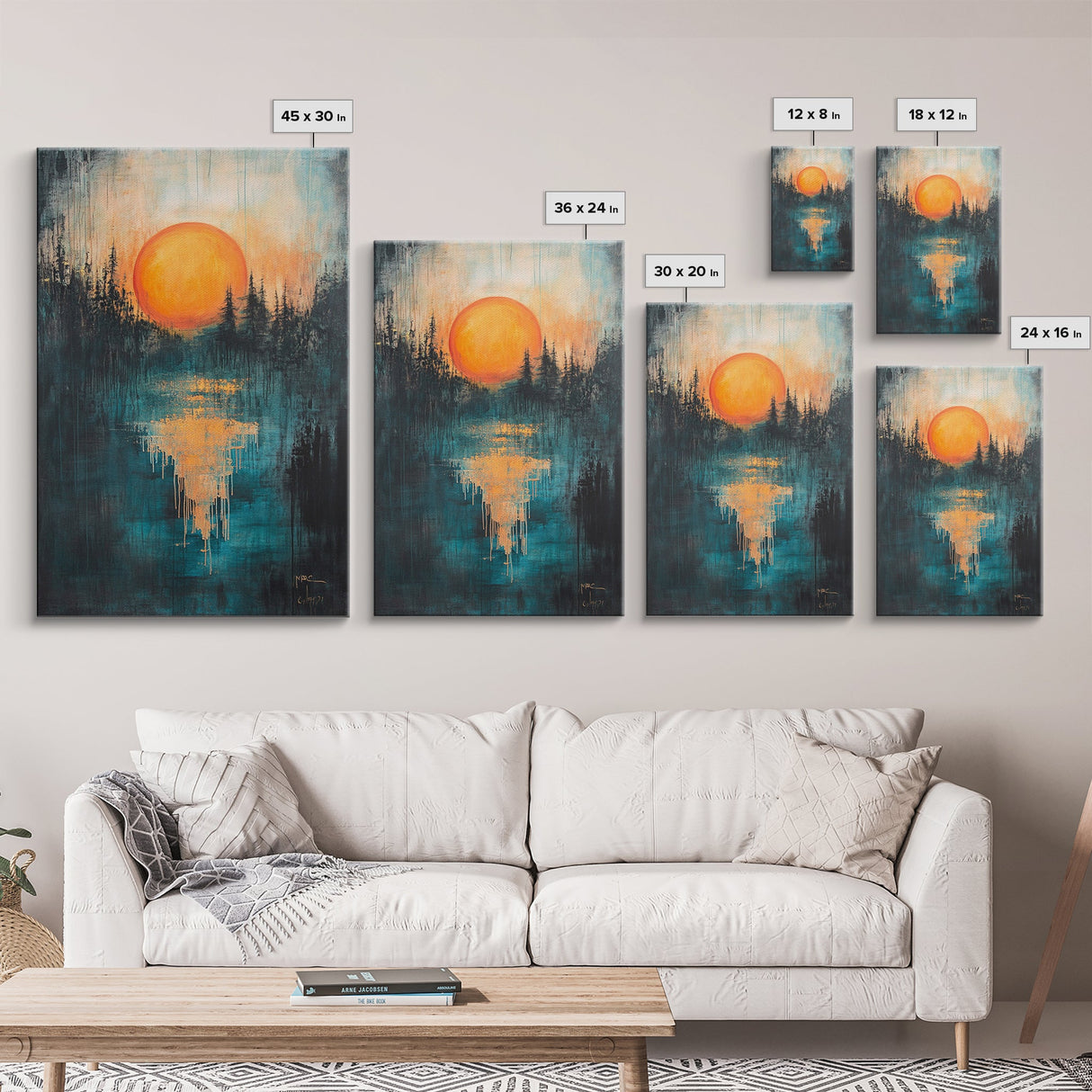 Sunset Over Water, Forest at Dusk Painting, Moody Landscape, Warm Glow Art, Nature Wall Art, Rustic Decor, Canvas Print