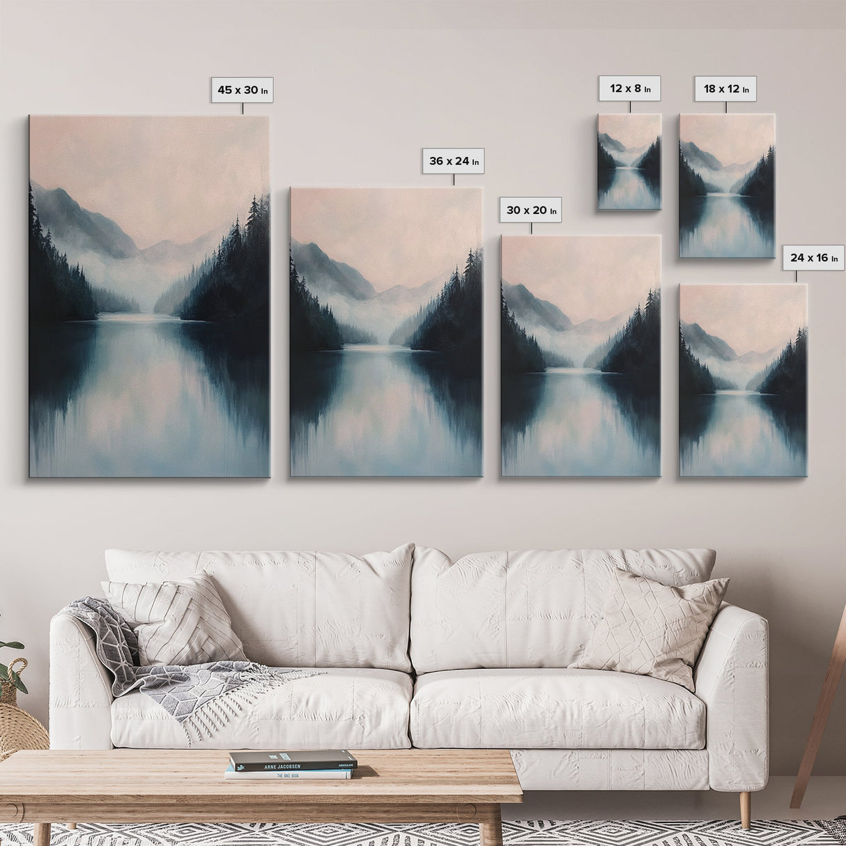 Misty Lake, mountain painting, smoky mountain art, panoramic painting, blue and green wall art, framed canvas print, moody art
