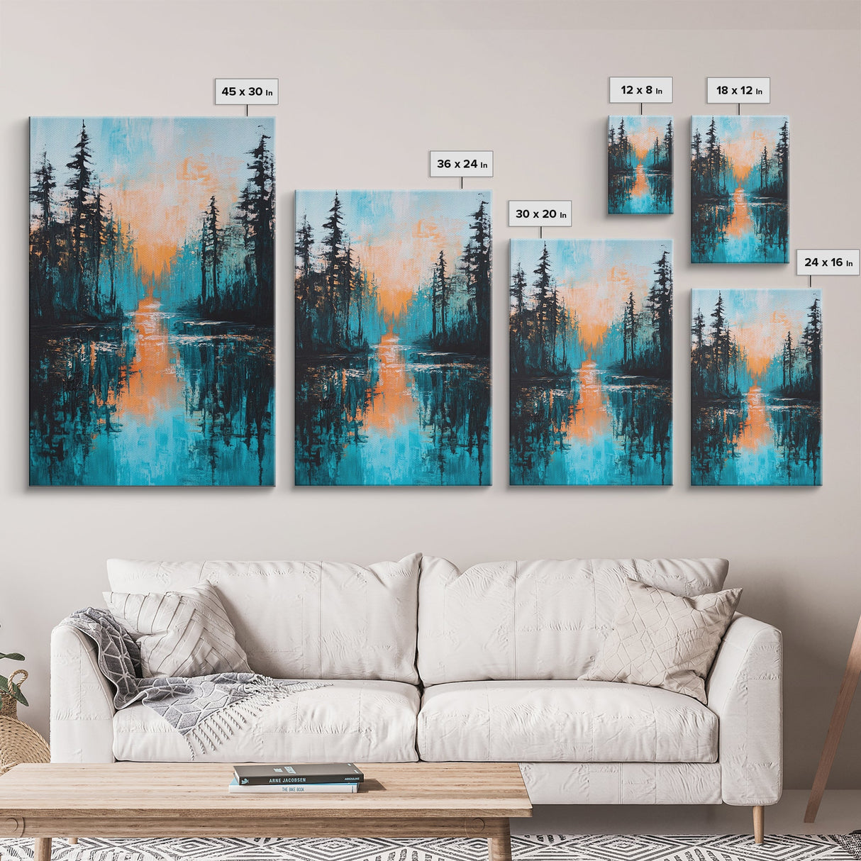 Sunset Reflection, pine tree art, landscape painting, teal wall art, Joshua tree art, framed canvas print, extra wide art