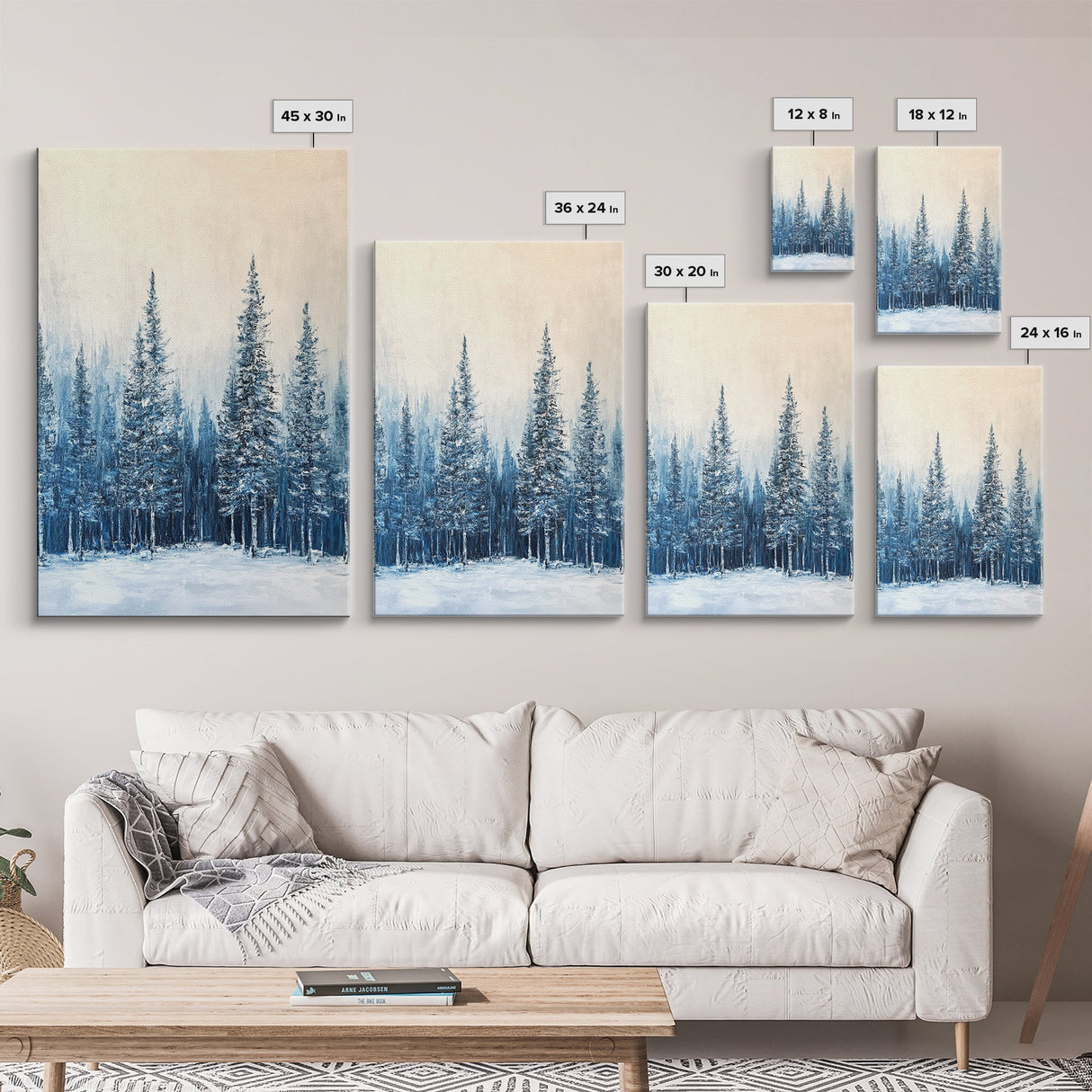 Winter Forest Scene, pine tree art, rustic wall art, moody art, landscape painting, minimalist art, Framed Canvas Print