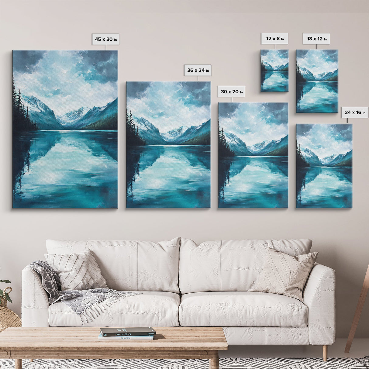 Serene Lake Reflection, lake Tahoe art, panoramic painting, above couch art, blue and green wall art, Framed Canvas Print