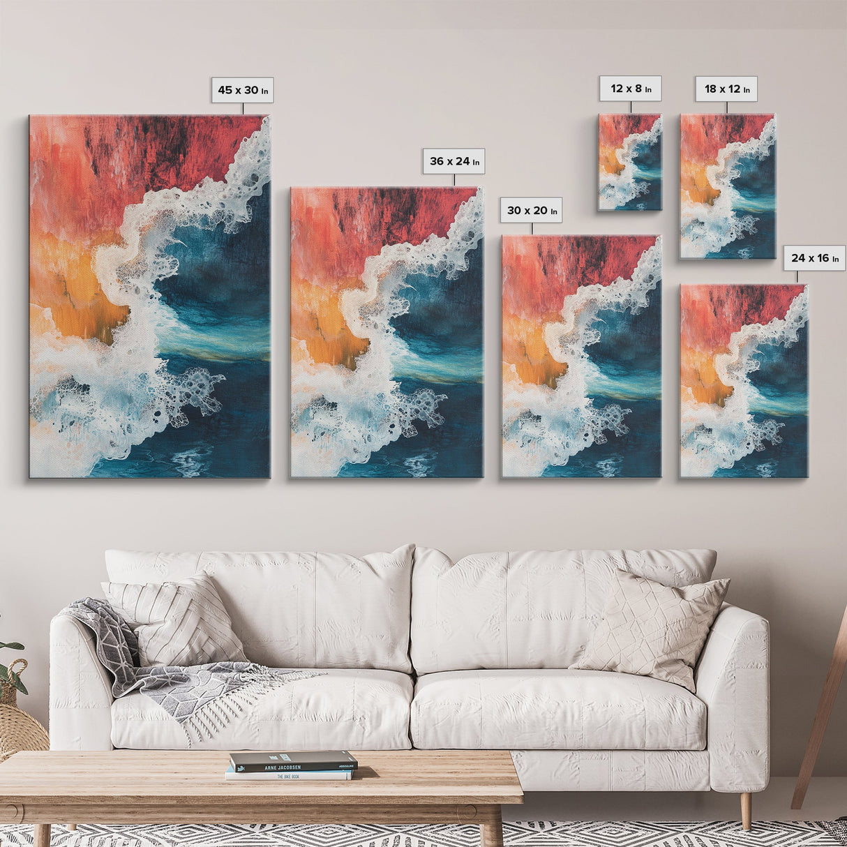 Fiery Ocean Wave, pink orange wall art, coastal landscape art, teal wall art, moody art, ocean abstract art, Framed Canvas Print