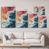 Fiery Ocean Wave, pink orange wall art, coastal landscape art, teal wall art, moody art, ocean abstract art, Framed Canvas Print