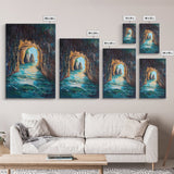 Sunlit Ocean Grotto, seascape painting, nautical painting, tropical wall art, blue and green wall art, Framed Canvas Print