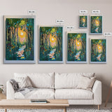 Forest Sunrise Path, wildflower painting, forest at dusk painting, wabi sabi wall art, whimsical art, Canvas Print