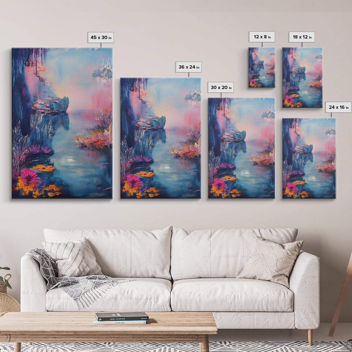 Dreamy Lake Scene, pink abstract art, blue and green wall art, moody art, vertical wall art, framed canvas print, living room art