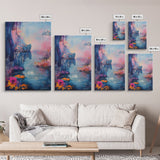 Dreamy Lake Scene, pink abstract art, blue and green wall art, moody art, vertical wall art, framed canvas print, living room art