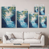 Jungle Waterfall View, tropical landscape painting, botanical prints, blue and green wall art, canvas print, extra wide art
