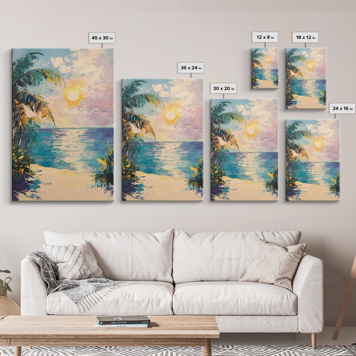 Tropical Beach Sunset, coastal cowgirl wall art, palm tree painting, beach scene, framed canvas print, bedroom art, nautical painting