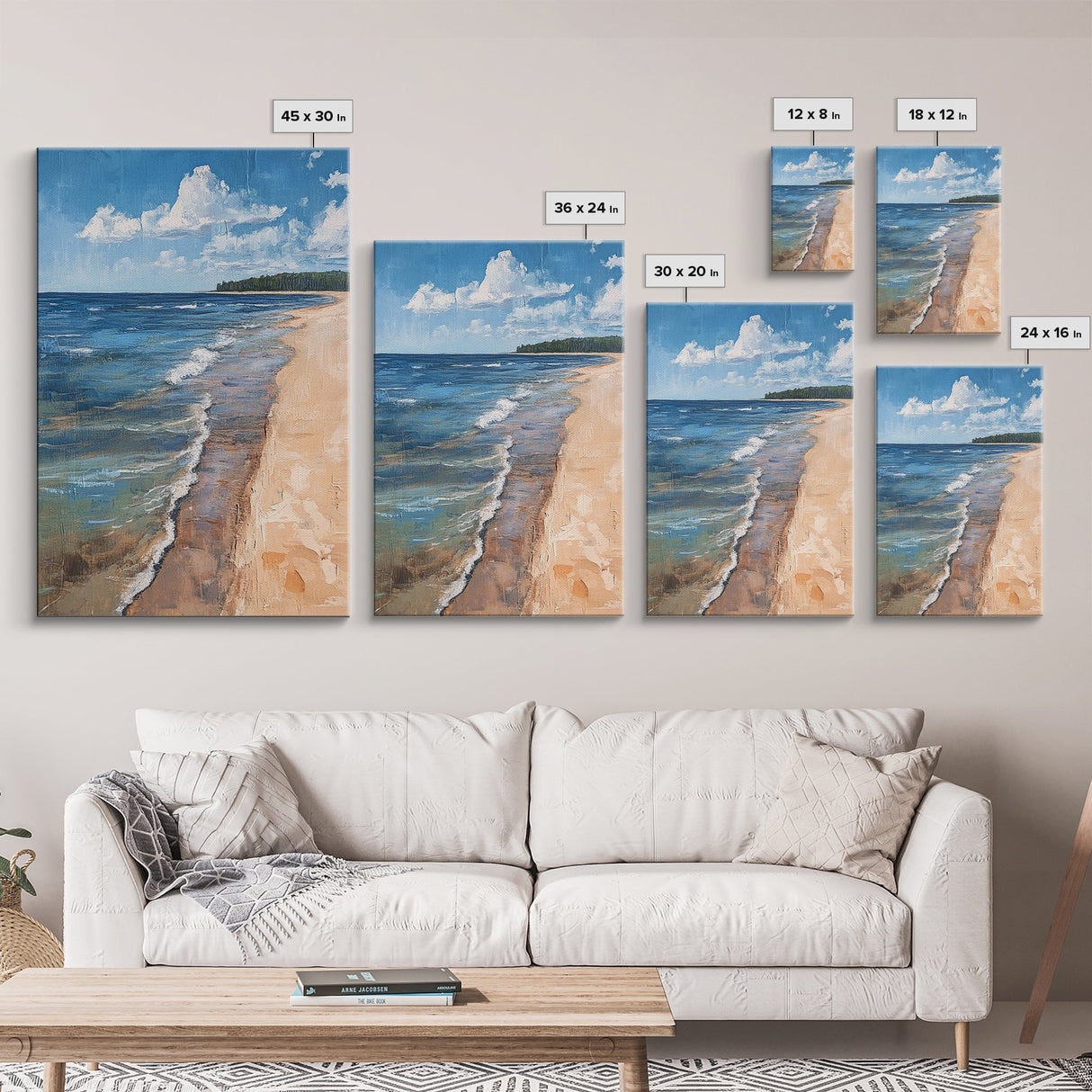 Sandy Beach Shoreline, Coastal Landscape Art, Nautical Decor, Ocean Painting, Seascape Wall Art, Beach House Art, Canvas Print