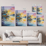 Cabin, Lake, Sunset, Framed Canvas Print, landscape painting, rustic wall art, above bed wall art, pine tree art, above sofa art