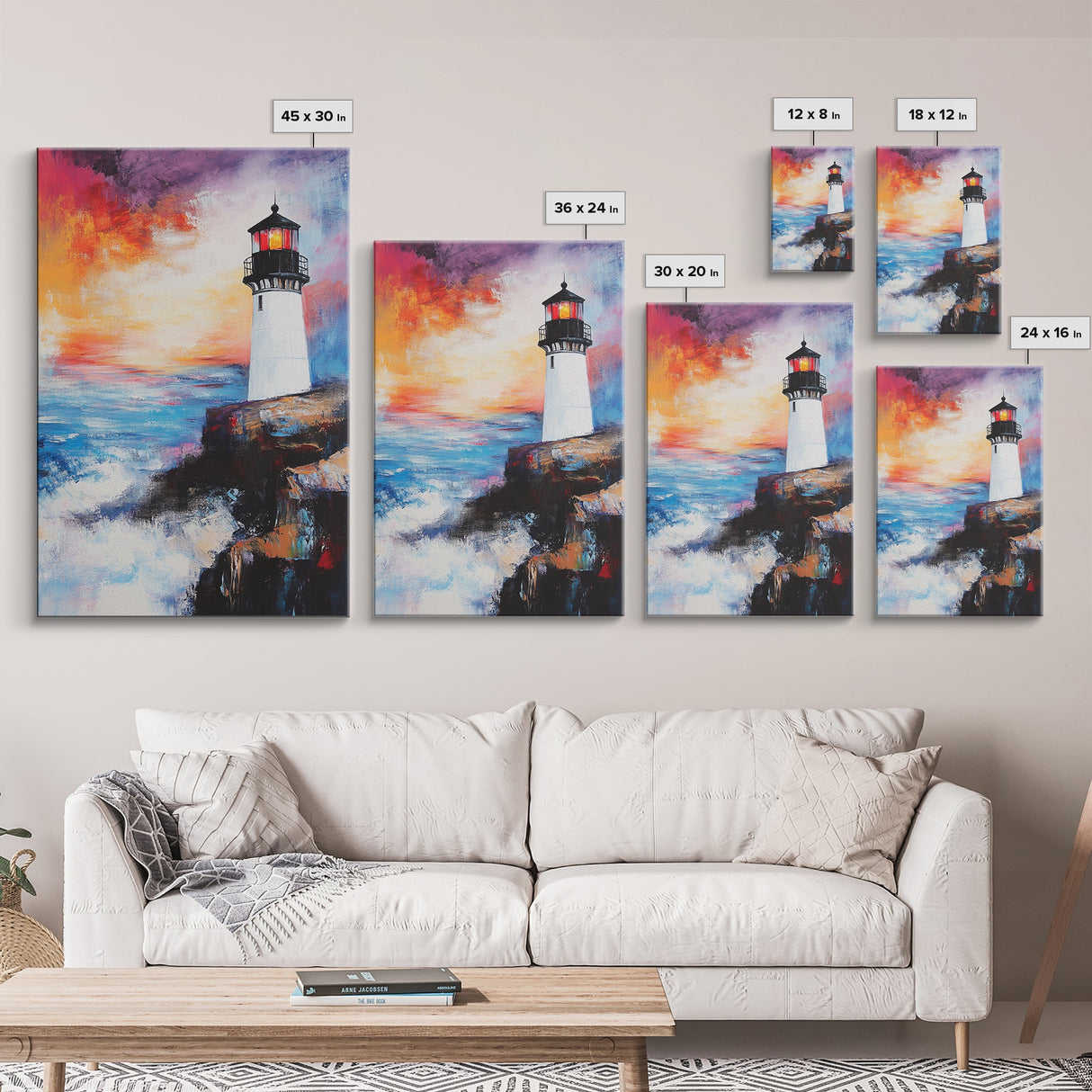 Lighthouse, Ocean, Sunset, Framed Canvas Print, coastal wall art, seascape painting, nautical painting, original painting, rustic decor