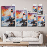 Lighthouse, Ocean, Sunset, Framed Canvas Print, coastal wall art, seascape painting, nautical painting, original painting, rustic decor