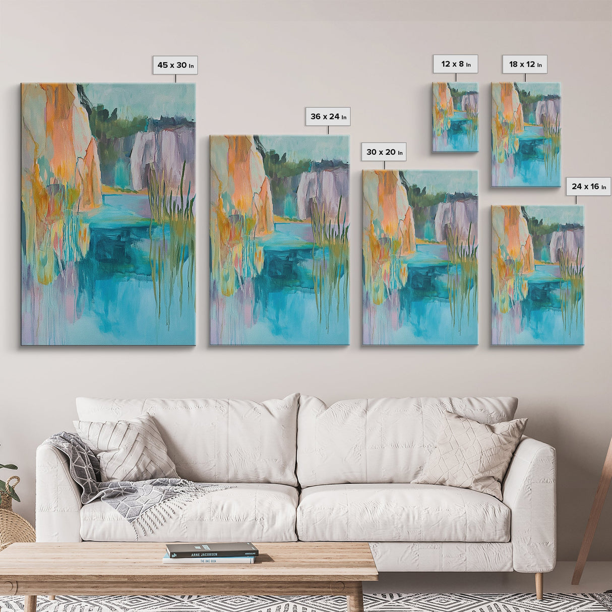 Abstract Landscape, blue and green wall art, horizon painting gray white, rustic art, gift idea for her, Framed Canvas Print