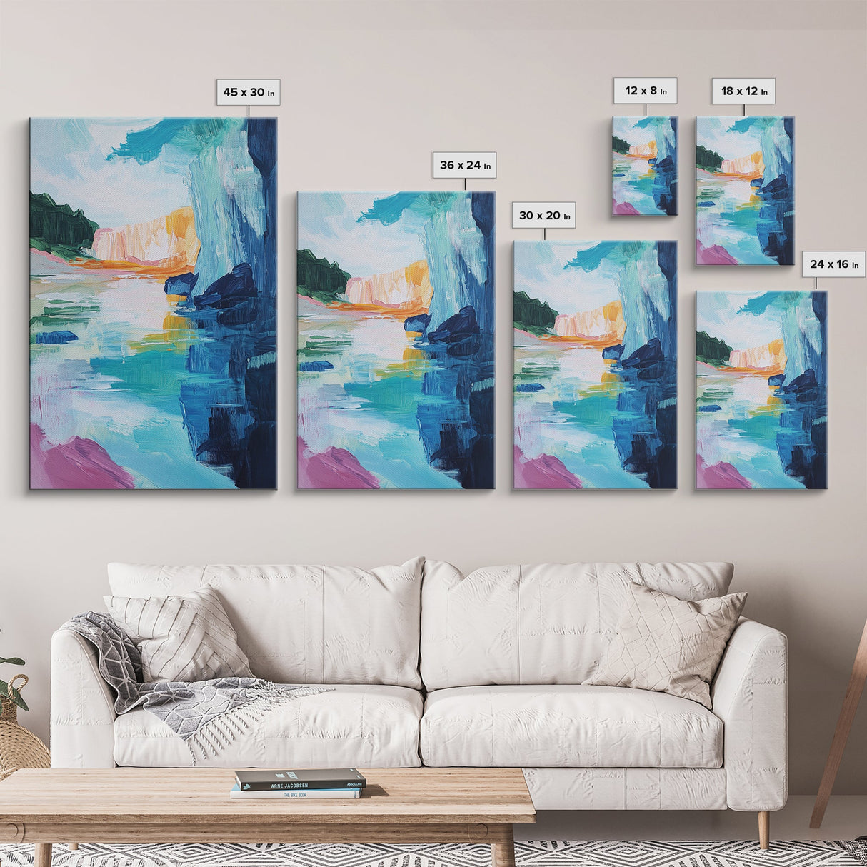 Canyon Lake, landscape painting, southwest wall art, moody art, blue and green wall art, extra wide art, Canvas Print, seascape painting