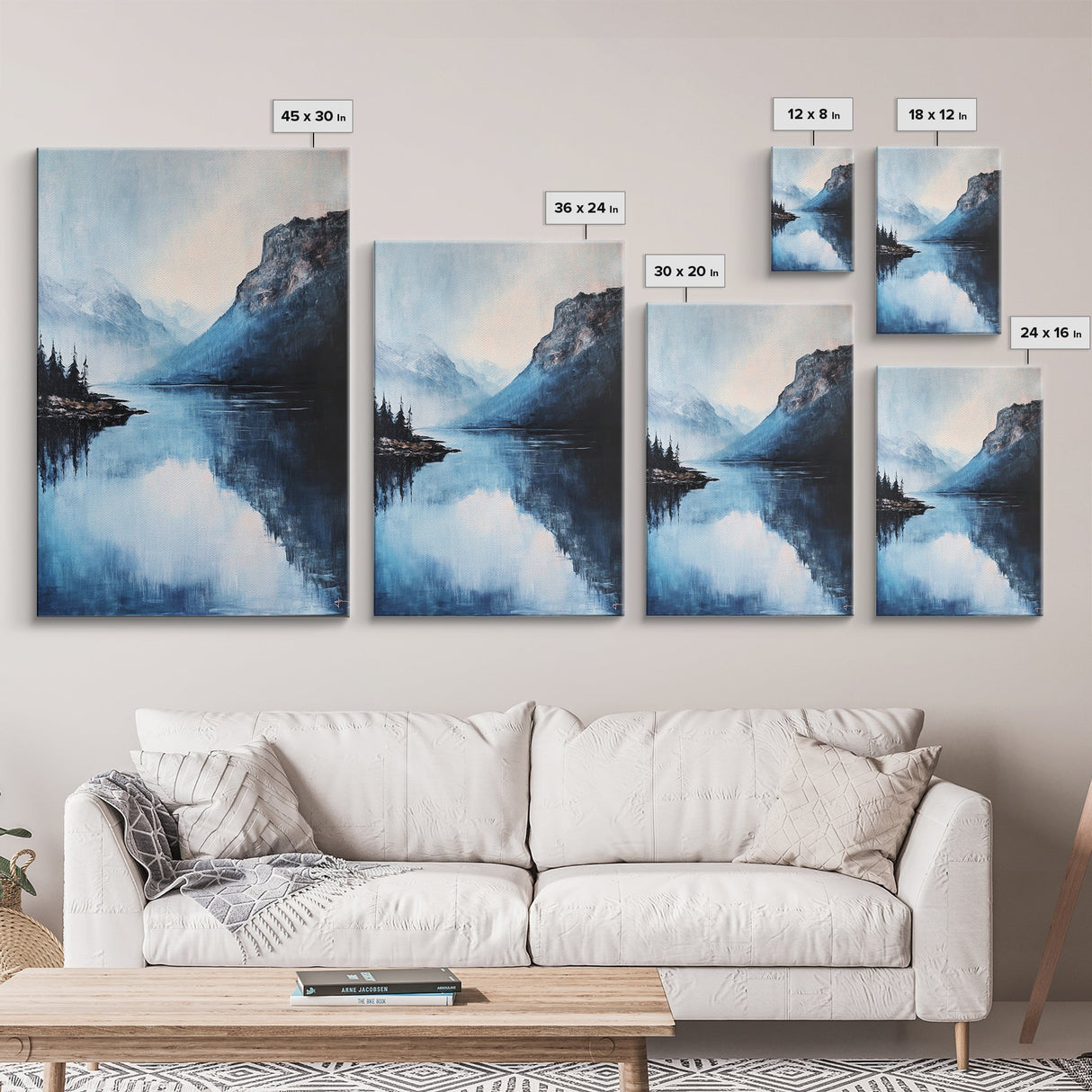 smoky mountain art, pine tree art, rustic wall art, blue and green wall art, panoramic painting, Framed Canvas Print, above couch art