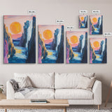 pink orange wall art, sunset painting, abstract landscape painting, blue and green wall art, Framed Canvas Print, boho art, modern decor