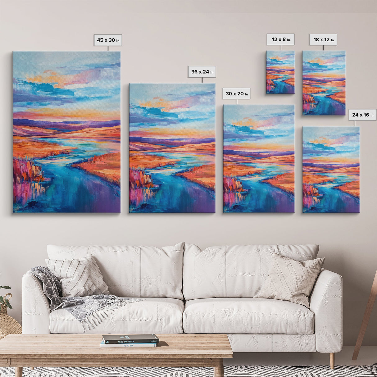 Vibrant River, landscape painting, wabi sabi art, coastal landscape art, Canvas Print, horizontal wall art, panoramic art, farmhouse art