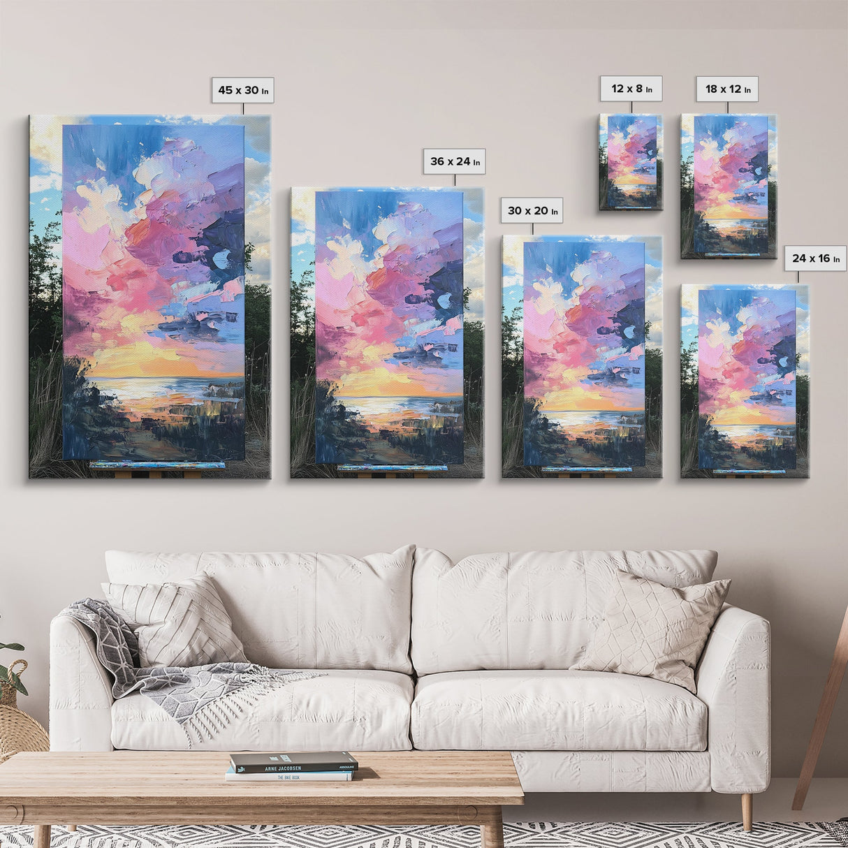 Sunset Beach, seascape painting, coastal wall art, nautical decor, panoramic painting, above bed wall art, framed canvas print