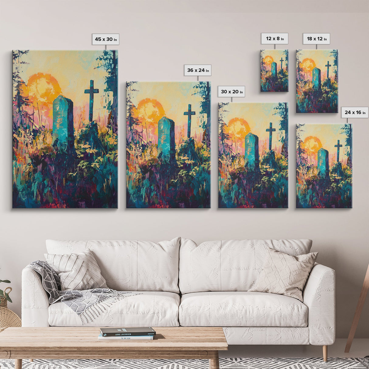 Graveyard Sunset, dark romance painting, gothic wall art, moody art, vintage folk art, atmospheric painting, framed canvas print