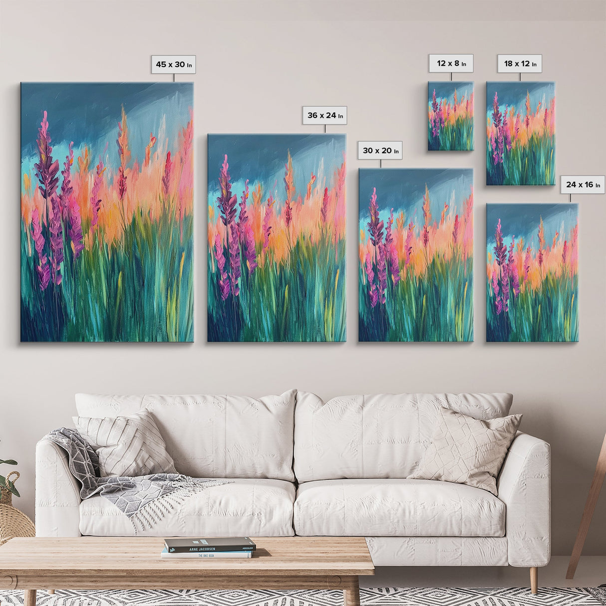 Wildflower Painting, poppy wall art, pink orange wall art, floral landscape, botanical prints, framed canvas print, rustic wall art
