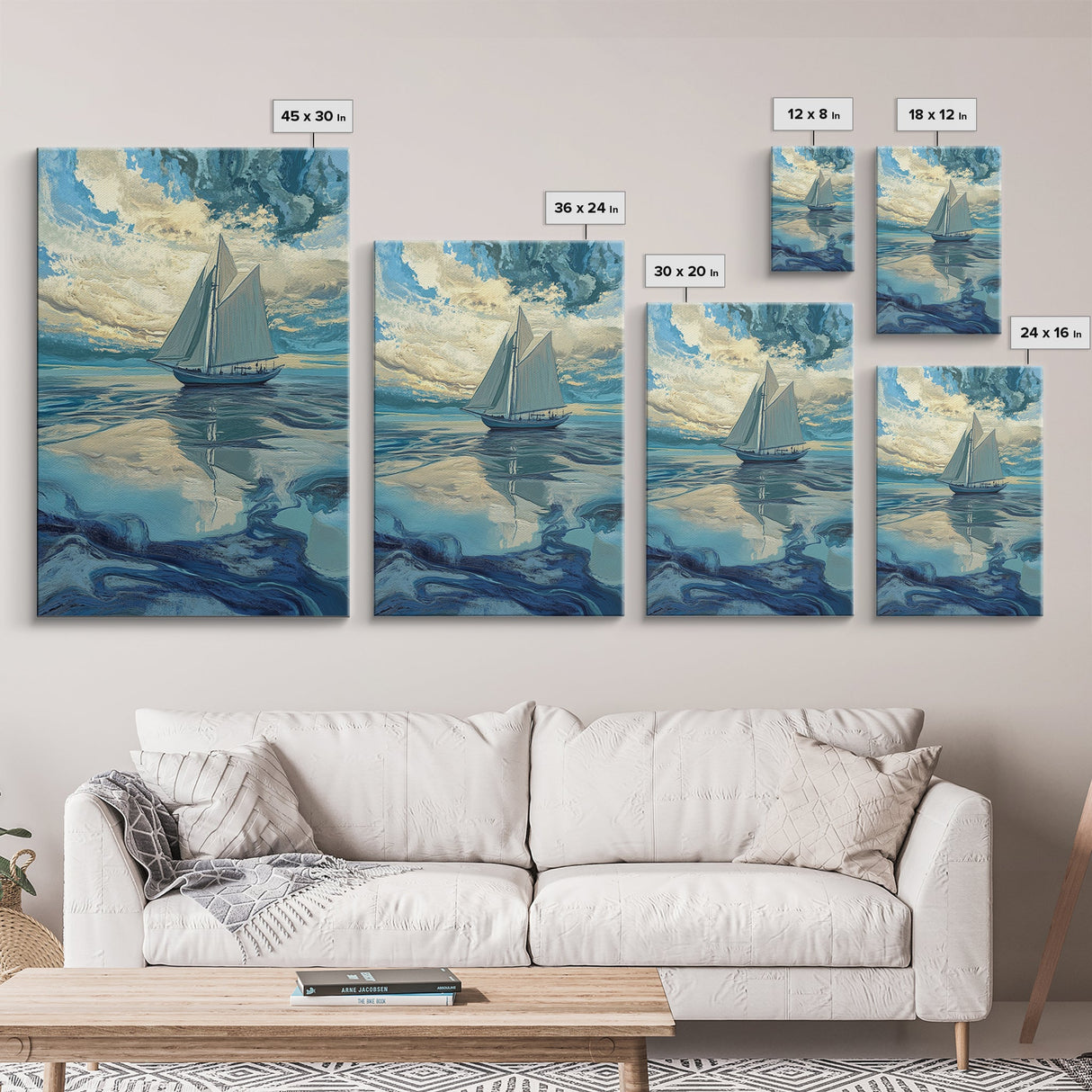 Sailboat Painting, nautical decor, coastal wall art, blue and green wall art, ocean painting, framed canvas print, living room art