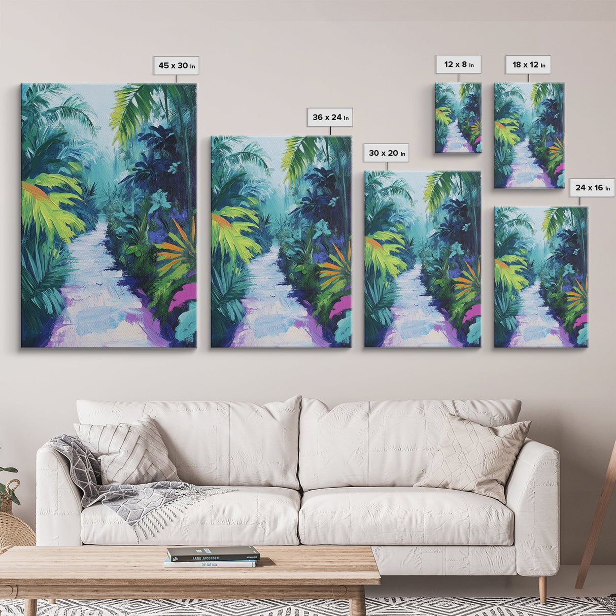 Jungle Walkway, tropical painting, palm tree painting, botanical prints, green wall art, living room art, canvas print, home decor
