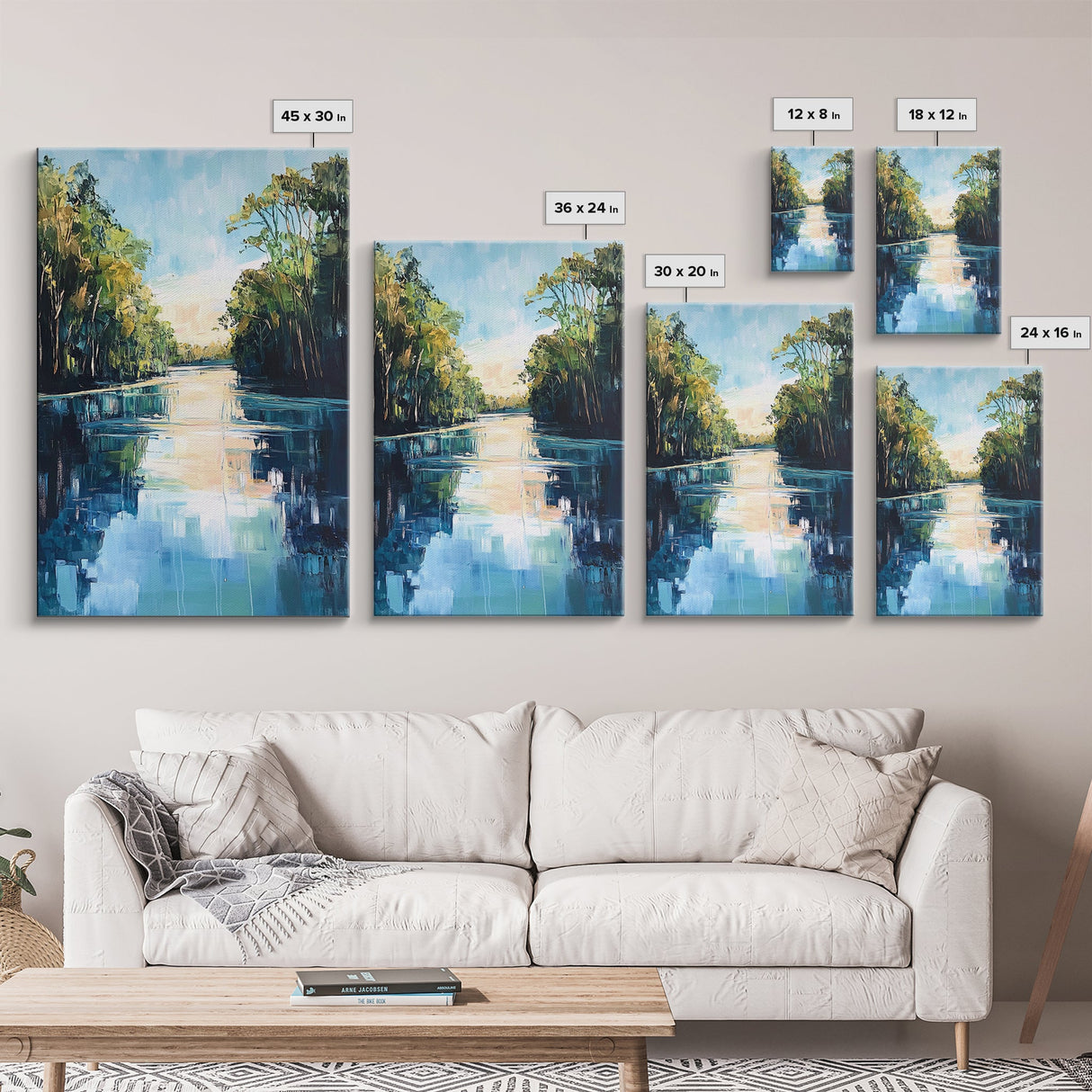 Tranquil River, Forest Reflection, Canvas Print, Landscape Painting, Rustic Art, Above Bed Wall Art, Nature Art, Gift Idea
