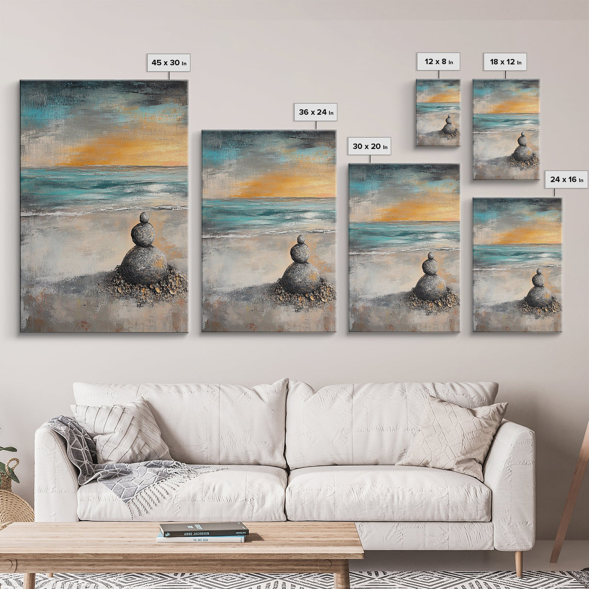 Zen Rock Stack Framed Canvas Print Coastal Wall Art, Beach Sunset Painting, Meditation Room Art, Tranquil Ocean Artwork, Boho Decor