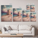 Fantasy Castle Framed Canvas Print Dreamy Coastal Art, Whimsical Beach Painting, Living Room Wall Decor, Pastel Ocean Landscape