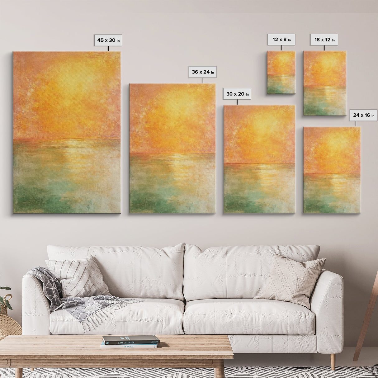 Golden Sunset Horizon Framed Canvas Print Warm Minimalist Wall Art, Serene Ocean Painting, Modern Living Room Decor, Calming Tones