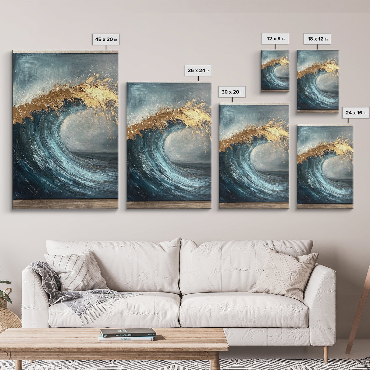 Majestic Ocean Wave Canvas Print Abstract Coastal Art, Gold and Blue Beach Wall Decor, Surfing Aesthetic, Living Room Accent