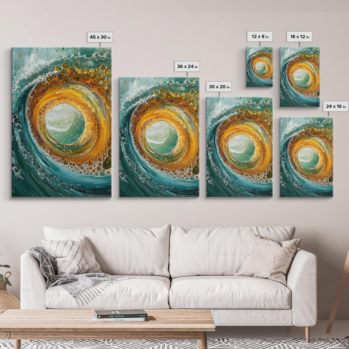 Ocean Wave Swirl Canvas Print | Abstract Beach Wall Art | Turquoise Gold Painting | Coastal Home Decor | Surfer Wall Art