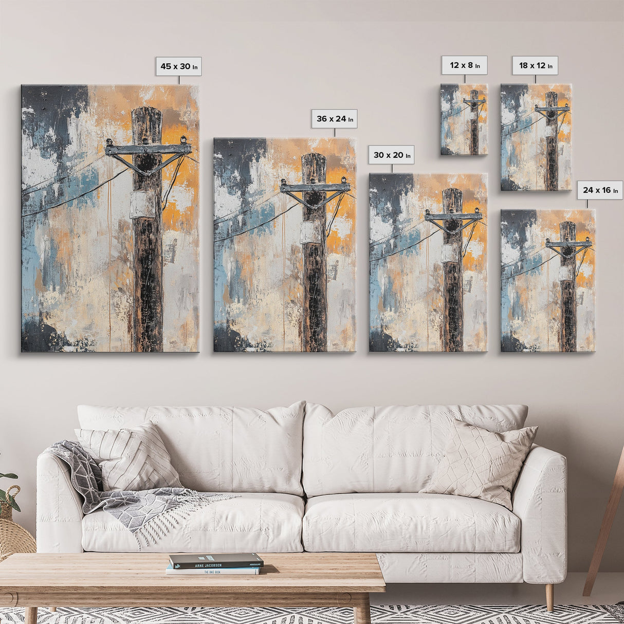 Rustic Telephone Pole Framed Canvas Print Industrial Wall Art, Urban Grunge Decor, Abstract Cityscape Painting, Modern Office Artwork