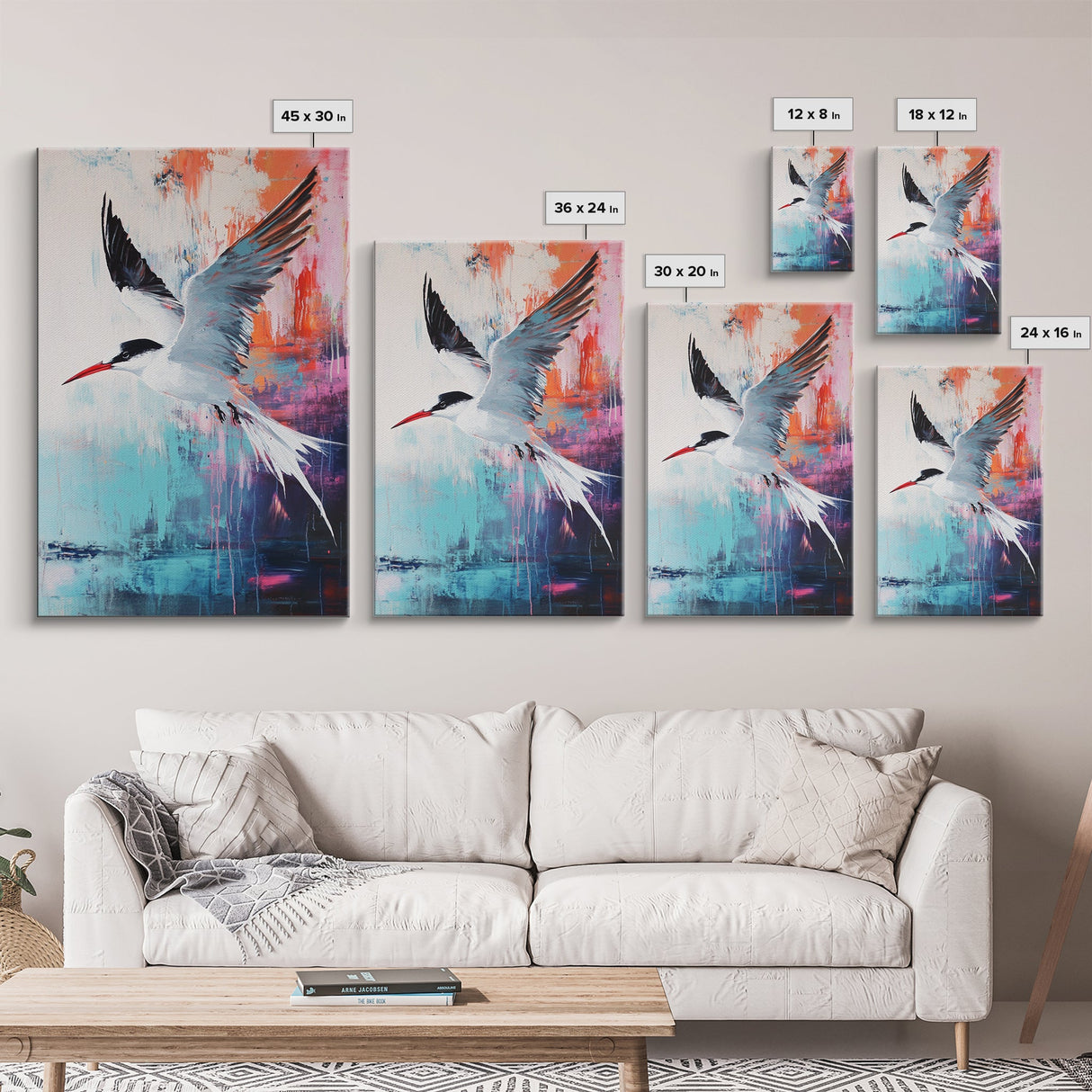 Soaring Bird Framed Canvas Print Coastal Wall Art, Seabird Painting, Ocean Blue Decor, Modern Minimalist Art, Vibrant Nature Artwork