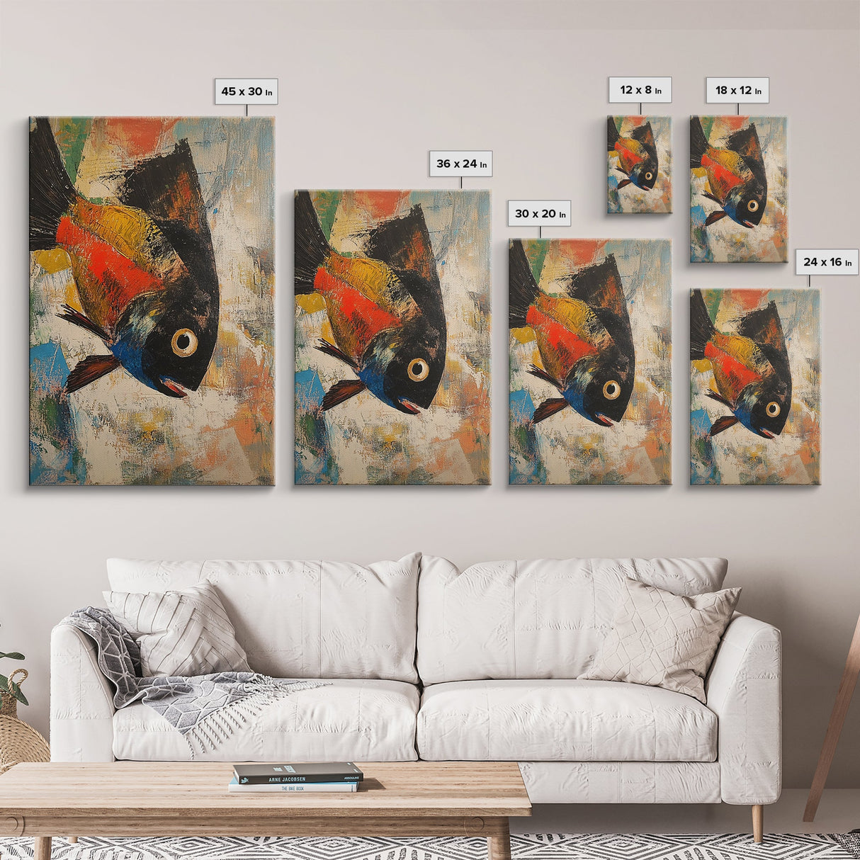 Colorful Fish, Koi Fish Painting, Whimsical Art, Nautical Decor, Living Room Art, Canvas Print, Gift Idea