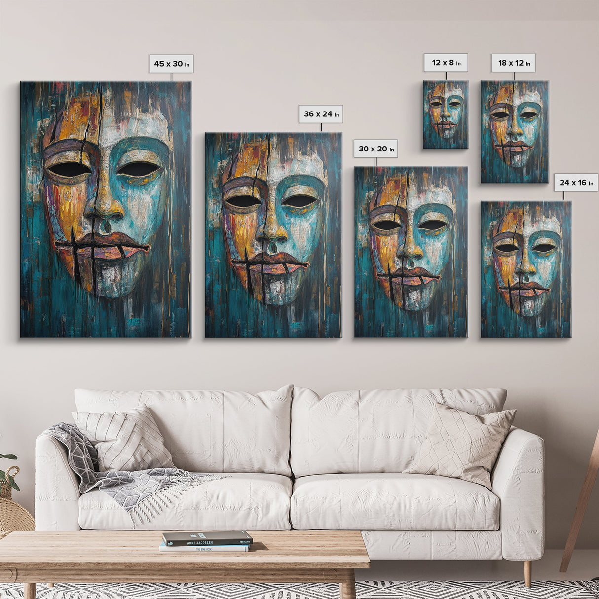 Abstract Mask Art Framed Canvas Print Ethnic Wall Decor Tribal Face Artwork Modern Expressionist Painting Boho Home Aesthetic Living Room