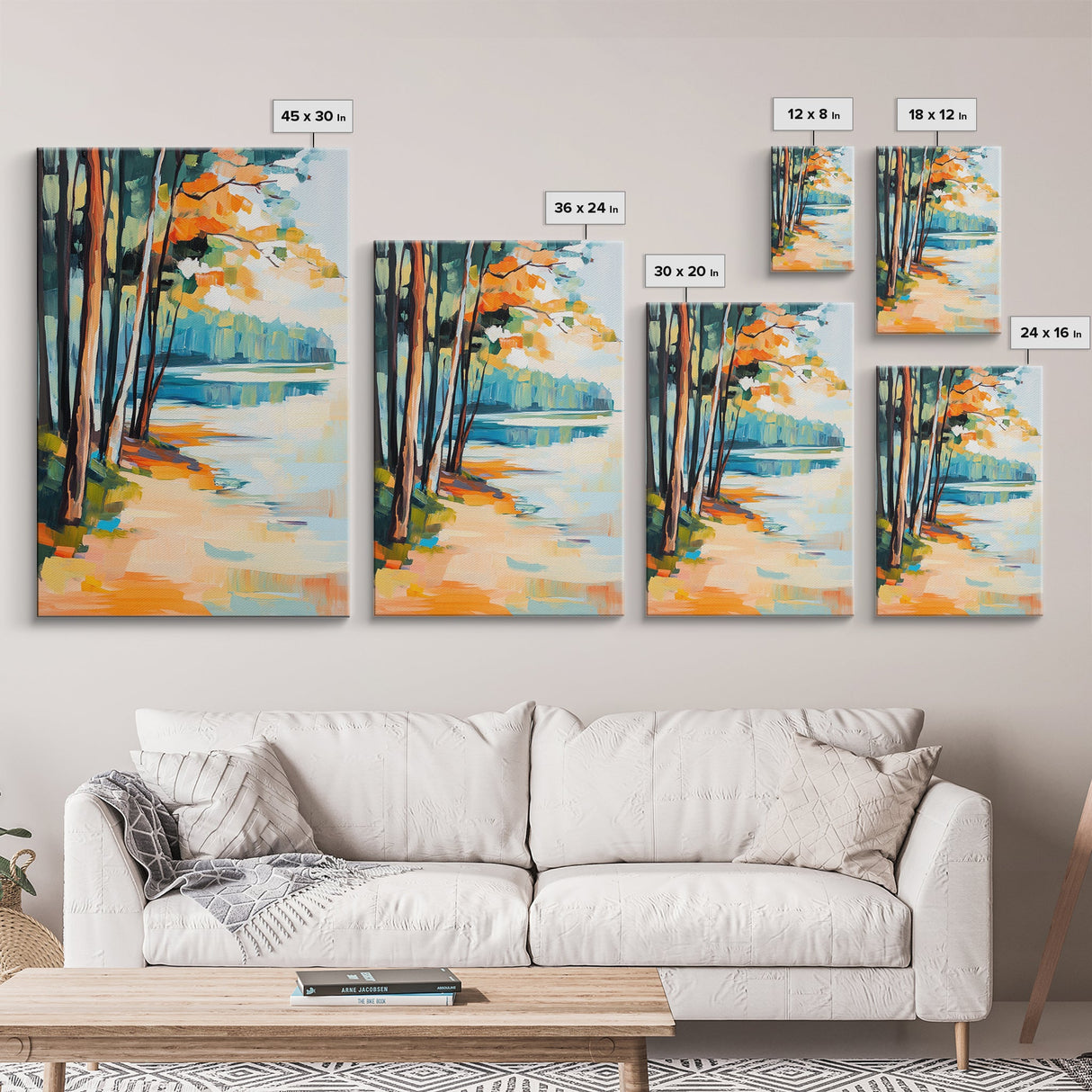 Lakeside Forest Art Framed Canvas Print Autumn Landscape Painting Serene Nature Wall Decor Warm Cozy Home Aesthetic Rustic Living Room