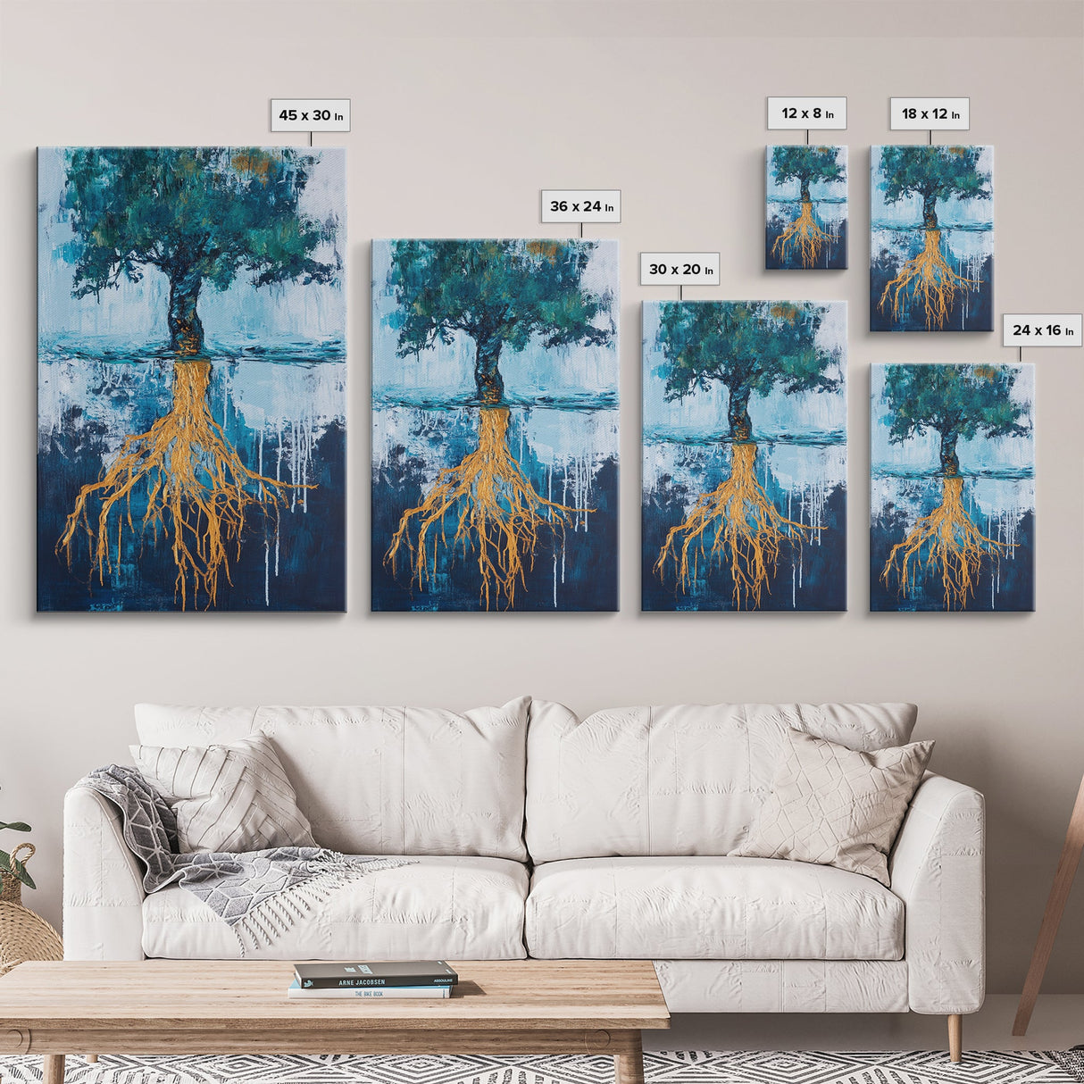 Tree With Golden Roots Canvas Print Surreal Nature Wall Art Abstract Landscape Painting Living Room Decor Earth Tones Artwork