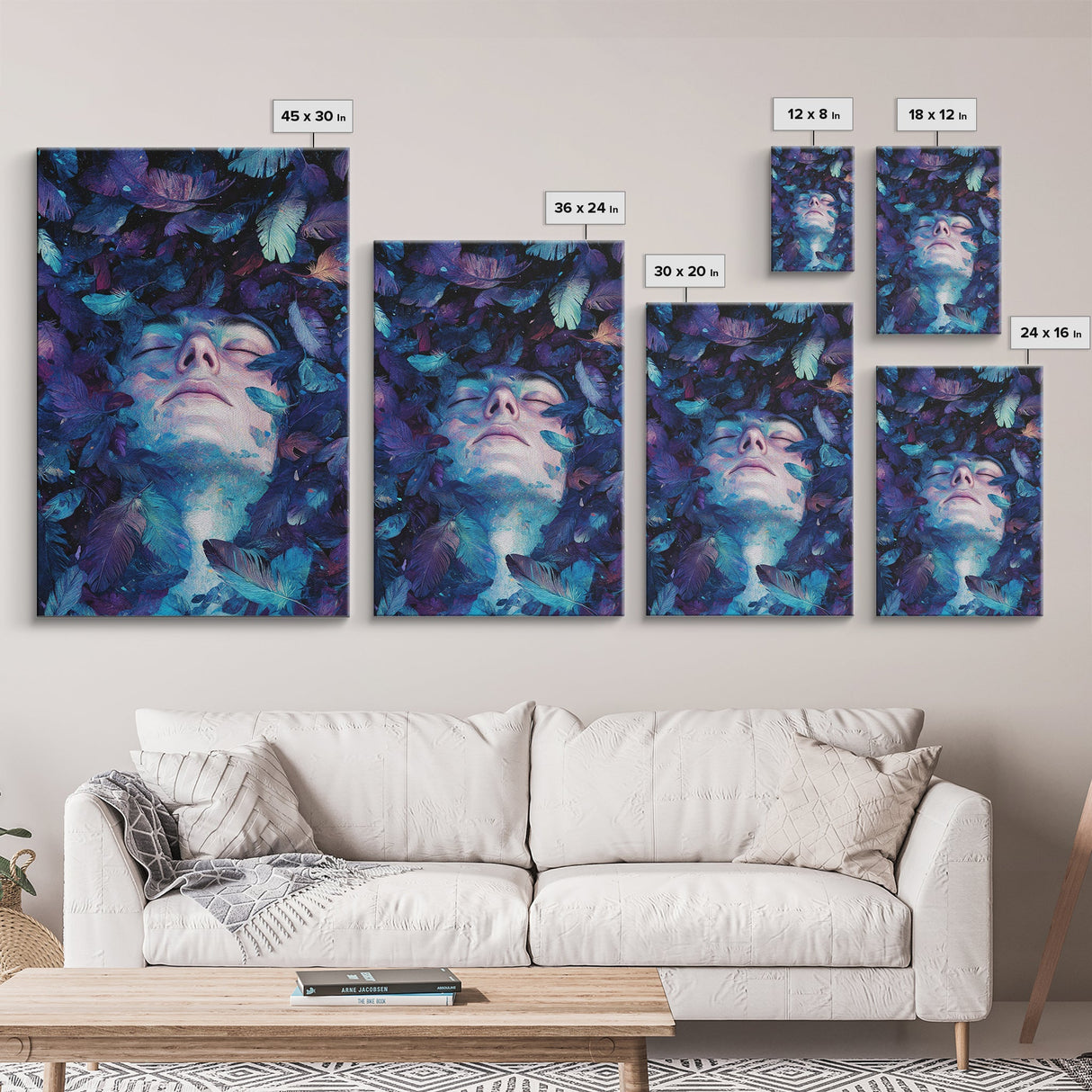 Dreamy Blue Feathers Canvas Print | Ethereal Surreal Art | Boho Bedroom Decor | Unique Abstract Painting | Cosmic Wall Art